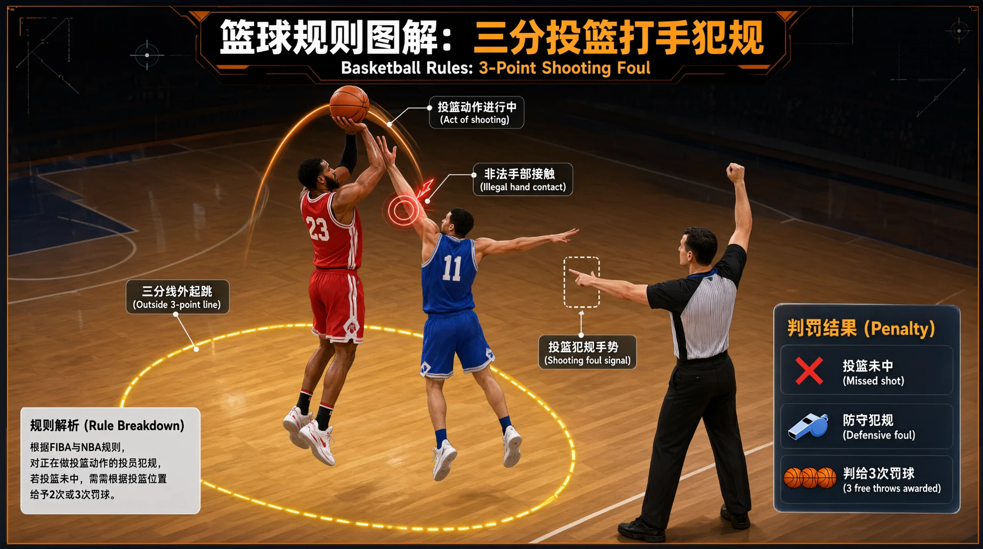 篮球规则示意图：红衣球员三分线外起跳投篮，蓝衣防守球员伸手碰其手臂，裁判举手示意投篮犯规；标注指出非法手部接触，判罚结果为投篮未中、防守犯规、判给三次罚球。